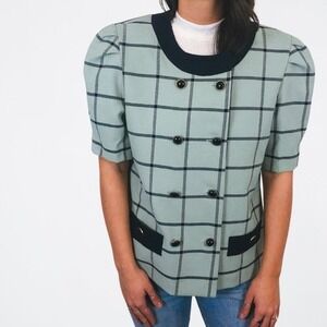 Vintage Good Times Mint Navy‎ Windowpane Plaid Puff Sleeve Blazer Top Size 14